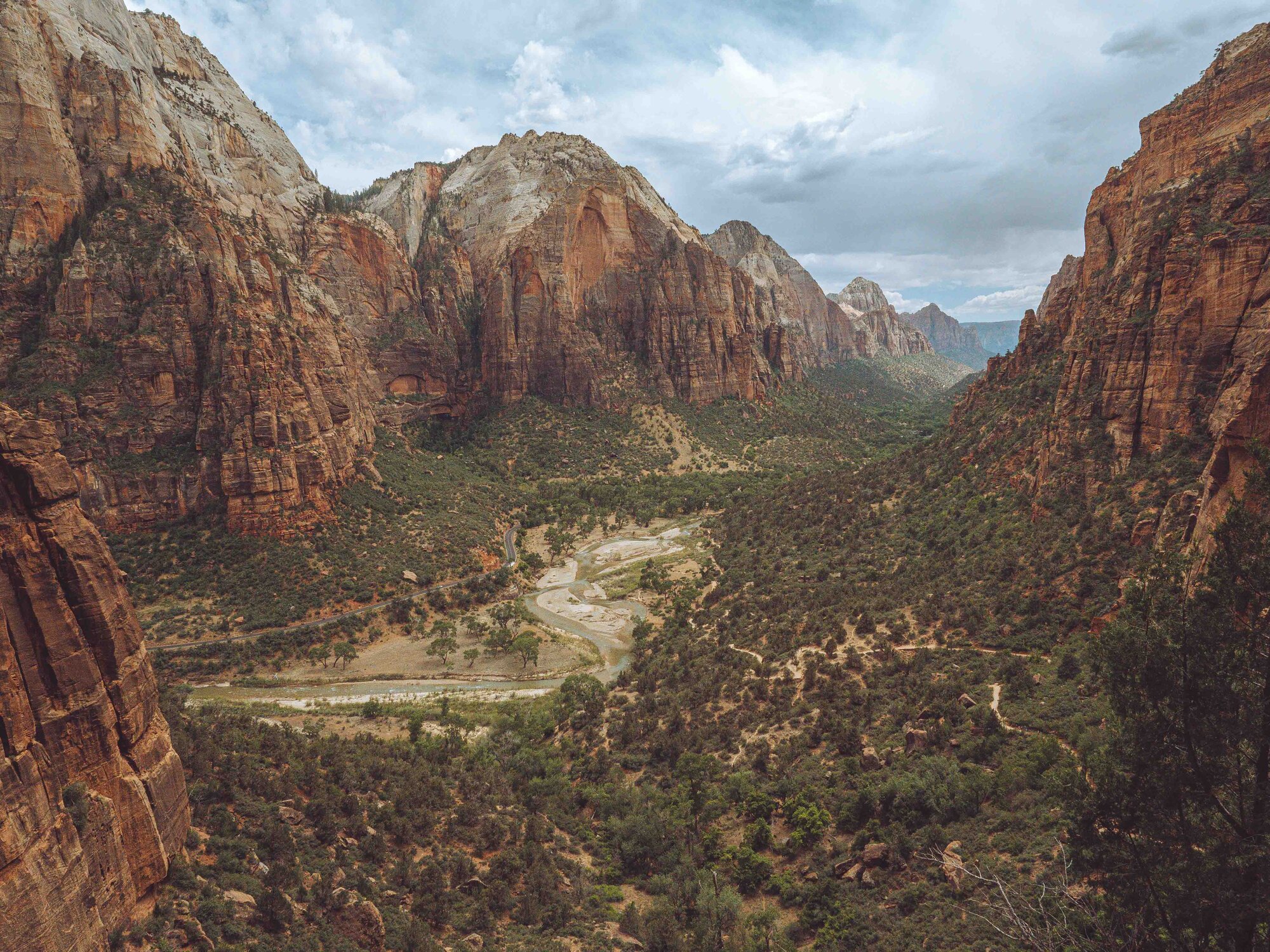 Looking down into Zion Canyon from Scout's Landing with the Virgin River winding below and massive red canyon walls on both sides